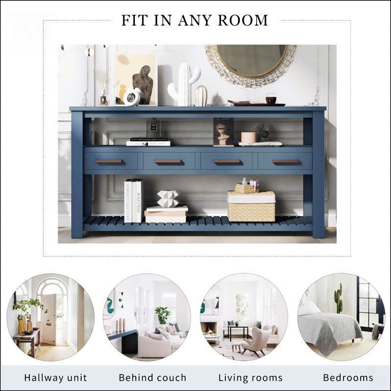 Navy Blue 62" Wood Console Table with Drawers and Shelves