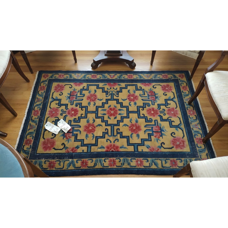 Antique Geometric Medallion Wool Hand Knotted Pile Coral / Salmon Pink 1925 Rug
