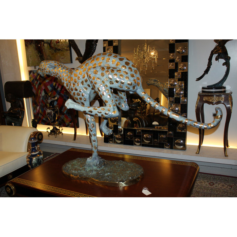 Running Cheetah - Gold Pleated Bronze Statue -  Size: 67"L x 23"W x 41"H. 