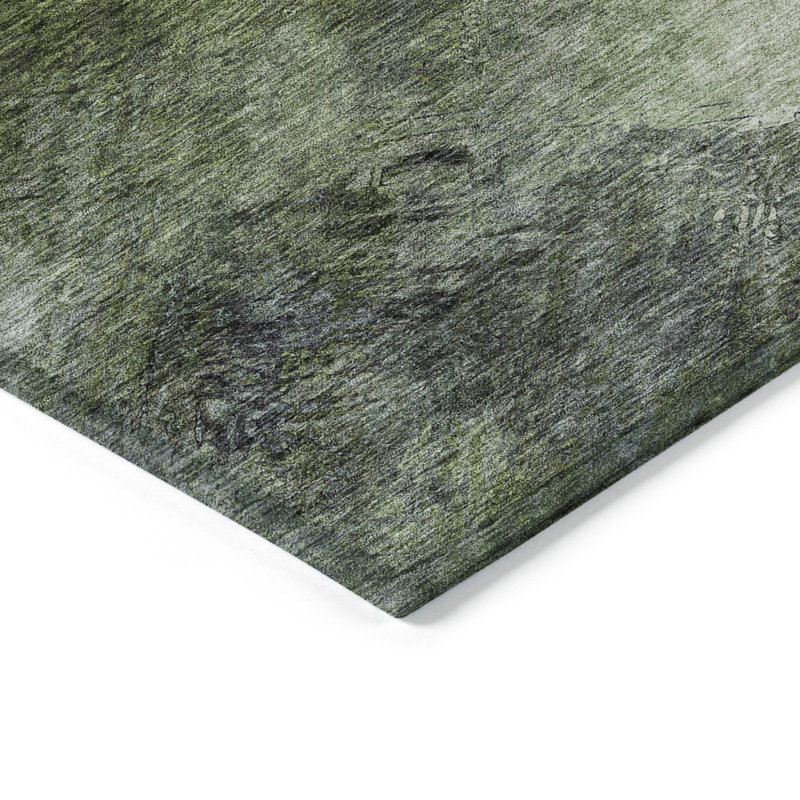 Tapis extérieur lavable abstrait vert et ivoire 10 pi x 14 pi