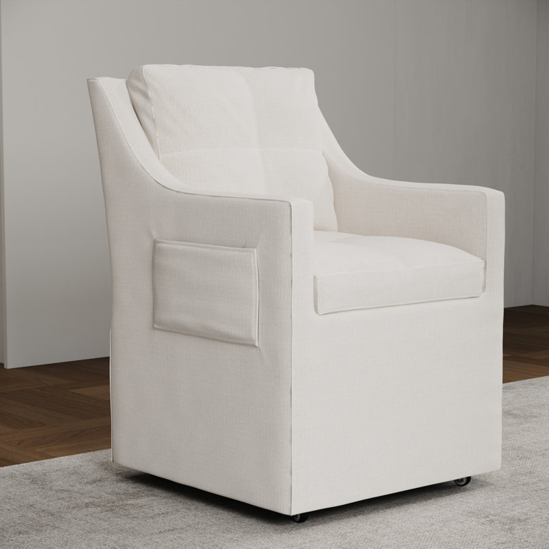White Linen Upholstered Dining Chair With Side Pocket And Casters
