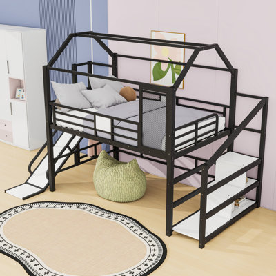 Loft Bed With Slide And Stairs And Storage Shelves