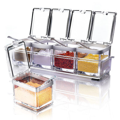 Acrylic Seasoning Box Set, 4 Piece Clear Premium Quality Storage Rack Spice Pots Condiment Jars,(white)