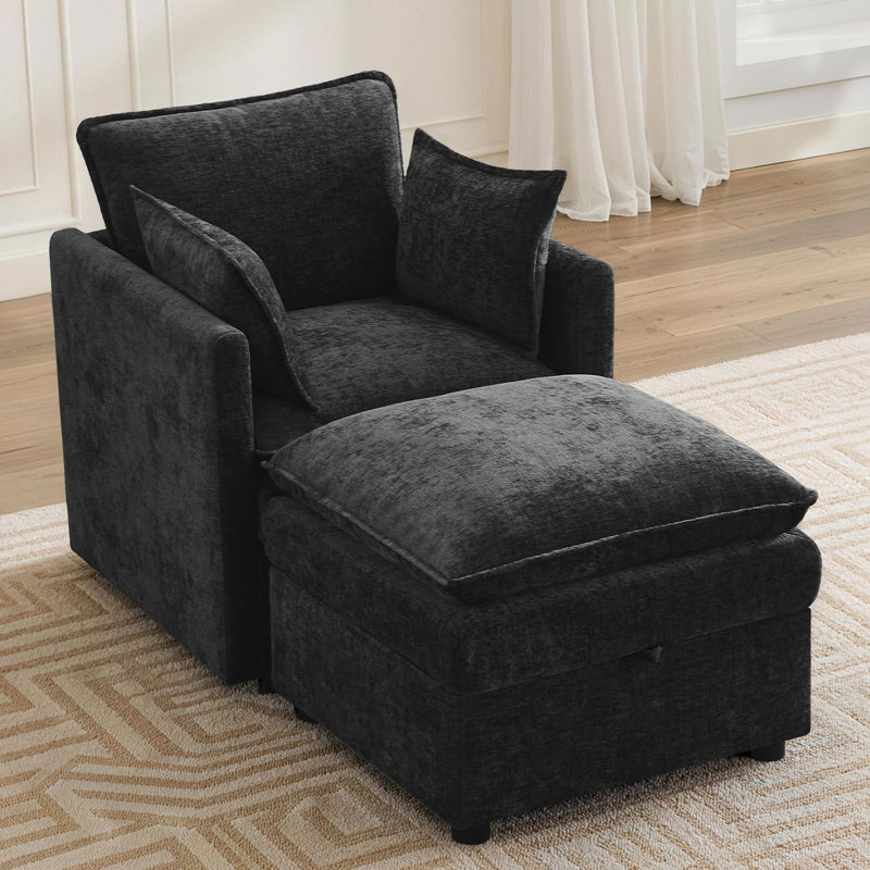 Ensemble de 2 chaises d'appoint et repose-pieds rembourrés avec compartiments cachés, Noir