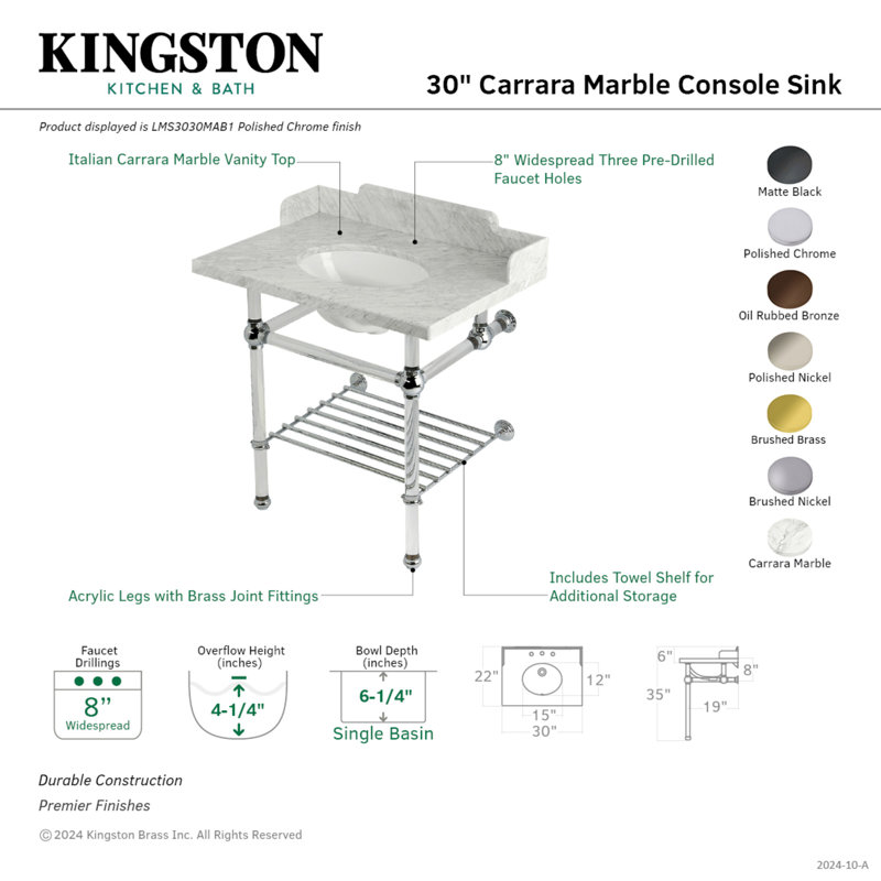 Kingston Brass Pemberton 30-Inch Carrara Marble Console Sink with Acrylic Legs and Shelf (8-Inch, 3-Hole), Polished Chrome