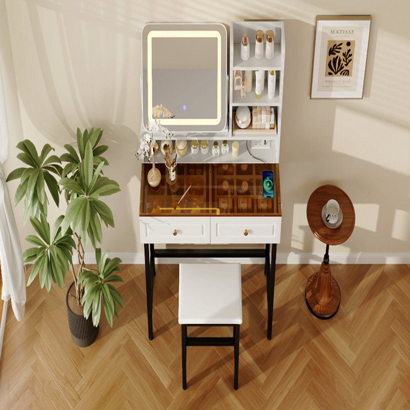 Makeup Vanity With Led Lighted Mirror,  360° Rotatable Mirror, Vanity Desk With 2 Drawers,Power Outlet And 3-Tier Shelves, Amber Glass Table Top, Dressing Table With Sturdy Metal Leg And  Stool, White