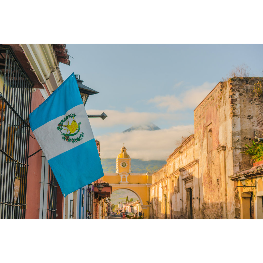 Antigua On The Background Of Agua Volcano At Sunrise von Oleh_Slobodeniuk - No Frame Kunstdrucke auf Leinwand