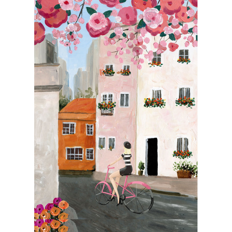 Girl on Bike City Block - Painting Print, 46cm H x 30cm W, Black Floater Framed