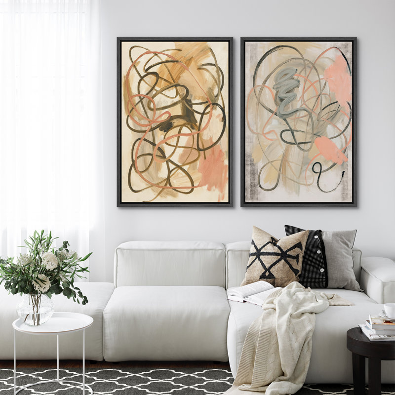 Art mural abstrait, ensemble de 2 reproductions d'art encadrées sur toile, Noir, H 24 po x l 32 po