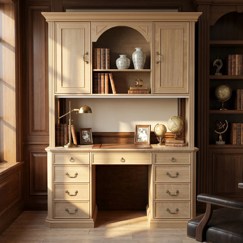 Bureau avec bibliothèque et éclairage réglable 3 couleurs | Tablette réglable, espace de travail spacieux, Beige