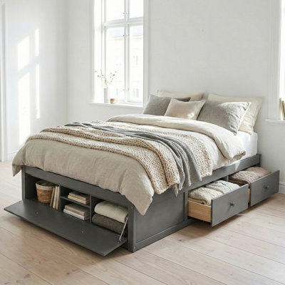 Queen Size Platform Bed Frame with 4 Storage Drawers and Hydraulic Lift Footboard Storage, No Headboard, Modern Space-Saving Design