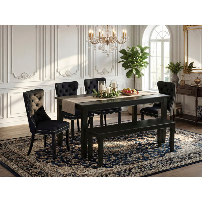 Ensemble de salle à manger 6 pièces comprenant une table de cuisine rectangulaire et 4 chaises rembourrées en tissu de polyester avec banc, noir