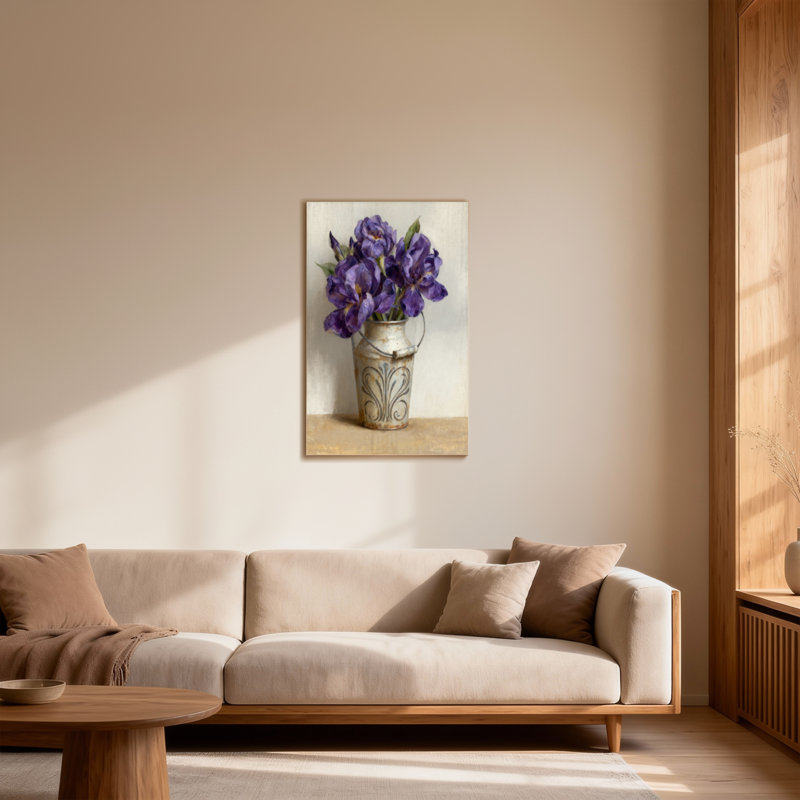 Plantes et fleurs, iris mauves dans un seau en métal rétro, H 48 po x l 32 po