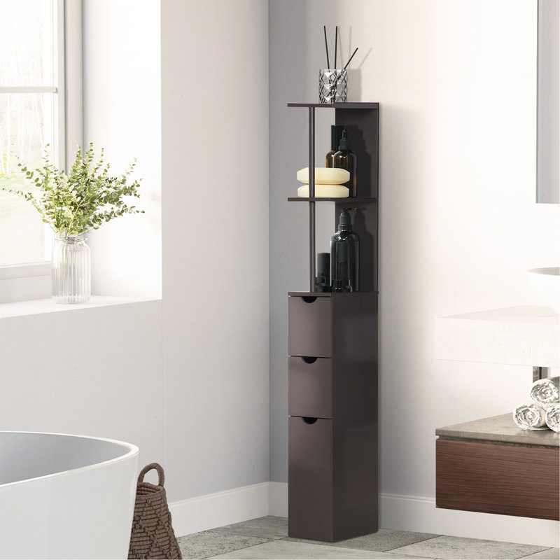 54" Tall Bathroom Storage Cabinet, Freestanding Linen Tower With 2-Tier Shelf And Drawers, Narrow Side Floor Organizer, Brown