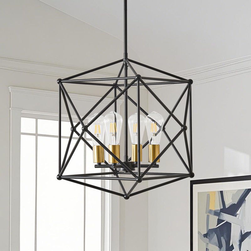 4-Light Black & Gold Geometric Cube Cage Pendant Light with Adjustable Hanging Rod