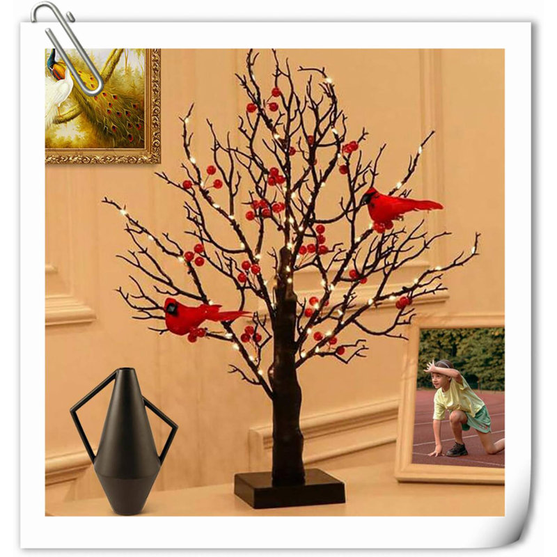 21In Black Birch Tree With 60 Led Lights, Twinkle Tree Lamp With Lighted Branches, Fairy Light Spirit Tree With 2 Red Birds For Room Decor, Easter, Halloween, Thanksgiving, Christmas, New Year, Etc.