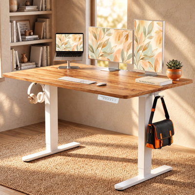 48" W × 30" D Electric Height Adjustable Standing Desk, One-Piece Desktop Wooden Office Desk And Computer Desk With 4 Memory Presets, Gaming Desk And Corner Desk with Cable Management, Memory Controller And Hooks, Light Vintage