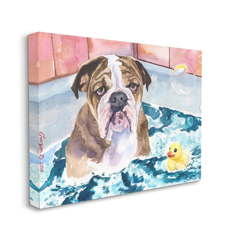 Bulldog anglais dans des bulles de canard en caoutchouc, H 30 po x l 40 po, Toile tendue