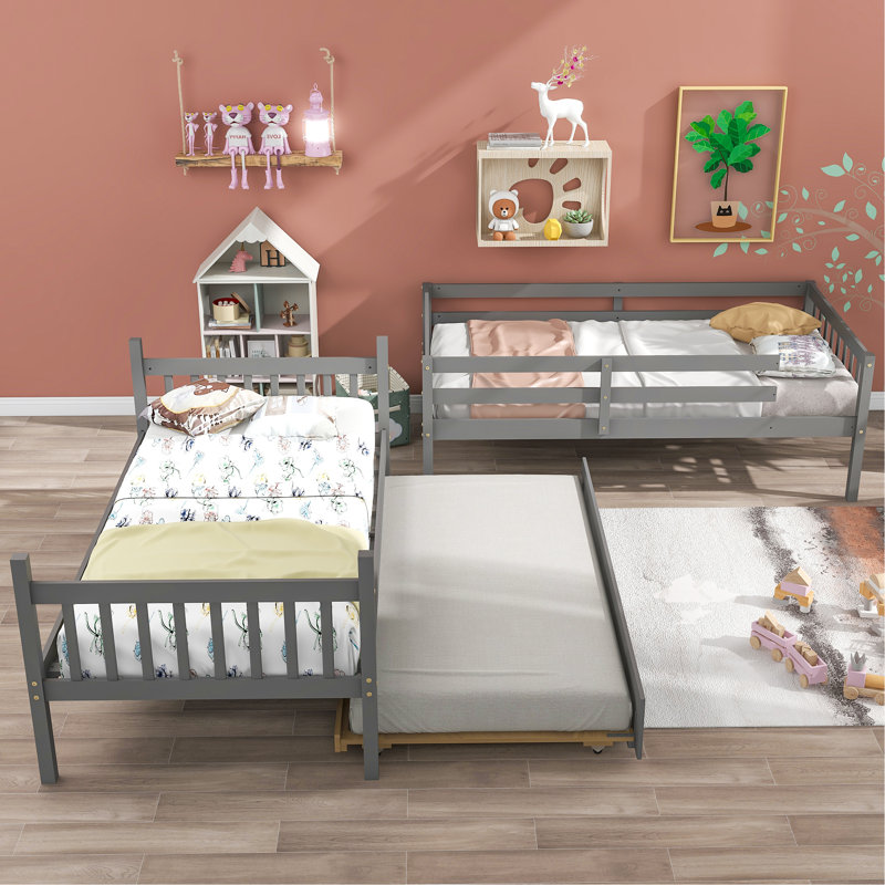 Sotion Kids Bunk Bed with Trundle, Gray, Twin Over Twin
