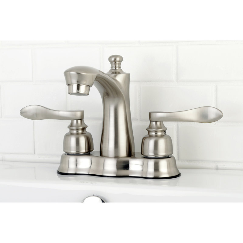 Kingston Brass NuWave French Two-Handle 3-Hole Deck Mount 4" Centerset Bathroom Faucet with Plastic Pop-Up, Brushed Nickel
