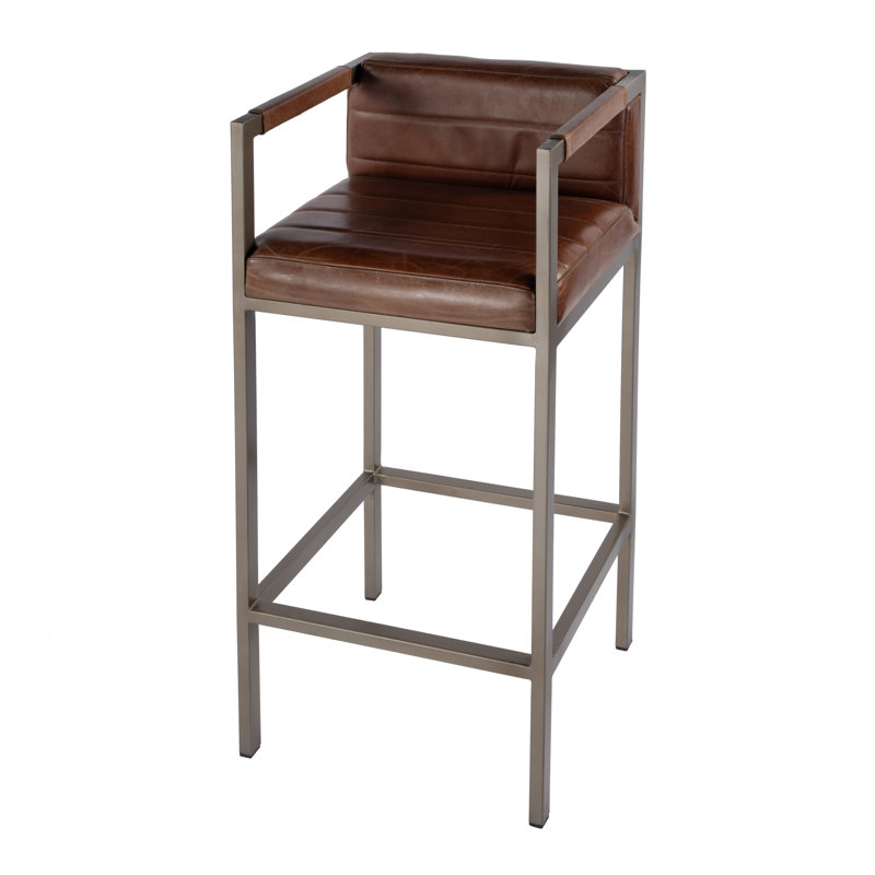 Dennis 31 in. Seat Height Leather and Iron Accent Stool with Low Back