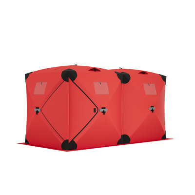 3-Layer Quilted Insulated Pop-Up Ice Fishing Tent – Portable Thermal Shelter for 4-8 Persons, Weather Resistant, Windproof, Fiberglass Rods, Anchors, Ropes, Carry Bag – Red