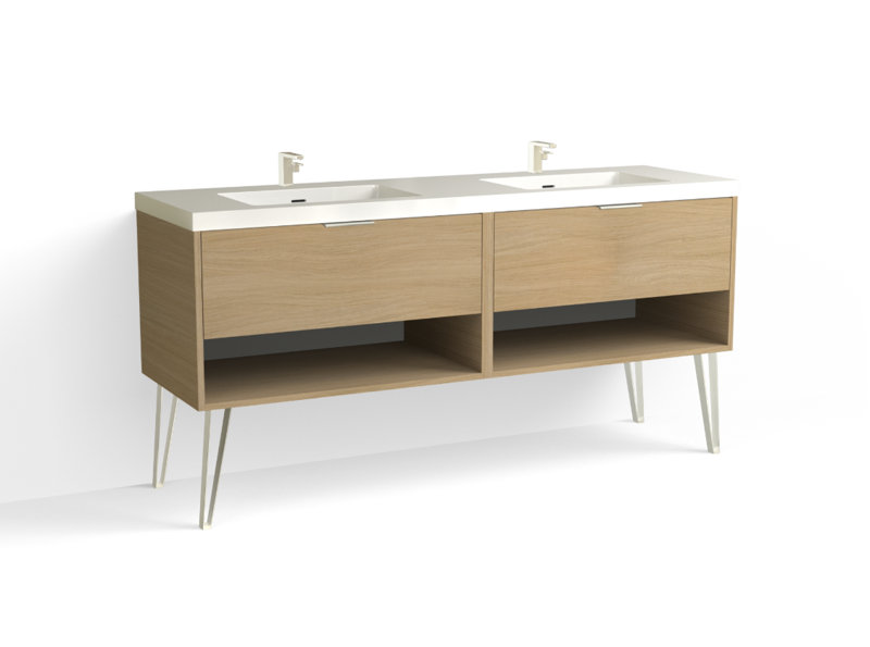 Modo 72" W Freestanding Double Bathroom Vanity with Dawson Leg, Glossy White/Single, Nocino, Satin Nickel
