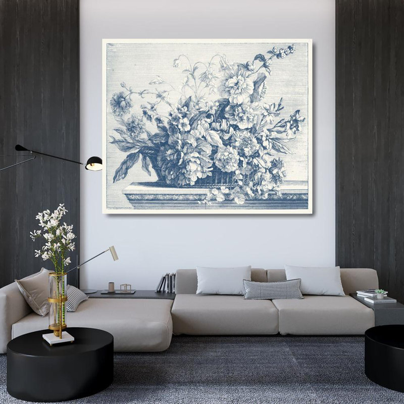 Art sur toile tendue avec la galerie Glovanni de Baptist, titre: Panier de fleurs bleu marine II, H 36 po x l 42 po