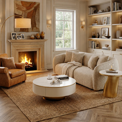 Ensemble de 2 tables basses gigognes modernes avec plateau en faux marbre et tiroirs de rangement, entièrement assemblé