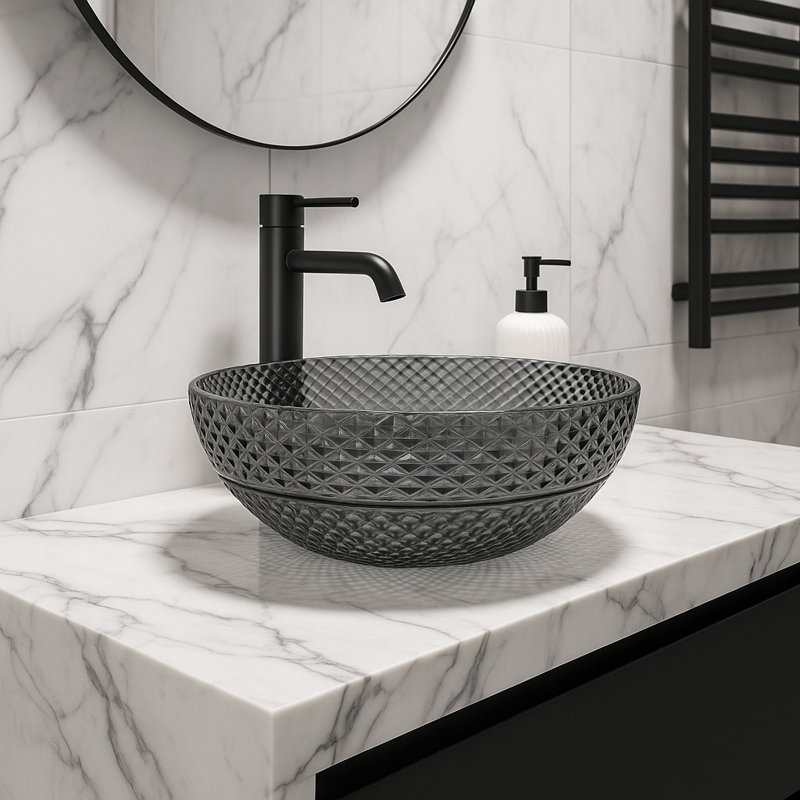 Lavabo de salle de bain vasque en verre noir 16 po avec texture de diamant Jewel, Gris