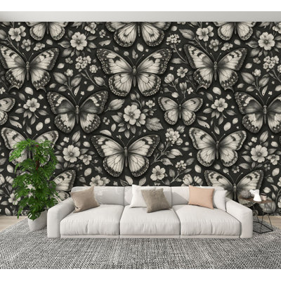 Peel and Stick Wallpaper Black White Moth Floral Design Wall Murals 100"H x 144"W Removable PVC Wall Paper Self-Adhesive Wall Decor for Bedroom Living Room Home Office
