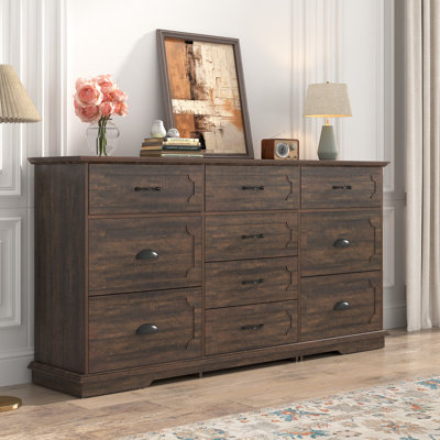 Commode à 10 tiroirs avec station de recharge, table de rangement en bois de 70 pouces avec prise de courant, très grande commode de rangement pour la chambre à coucher, le salon ou le vestibule