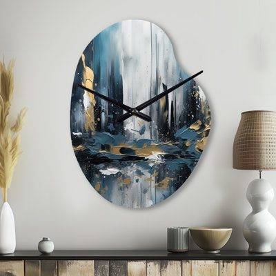 Or et bleu Urban Elegance III - City Art Deco, horloge asymétrique en métal, horloge murale