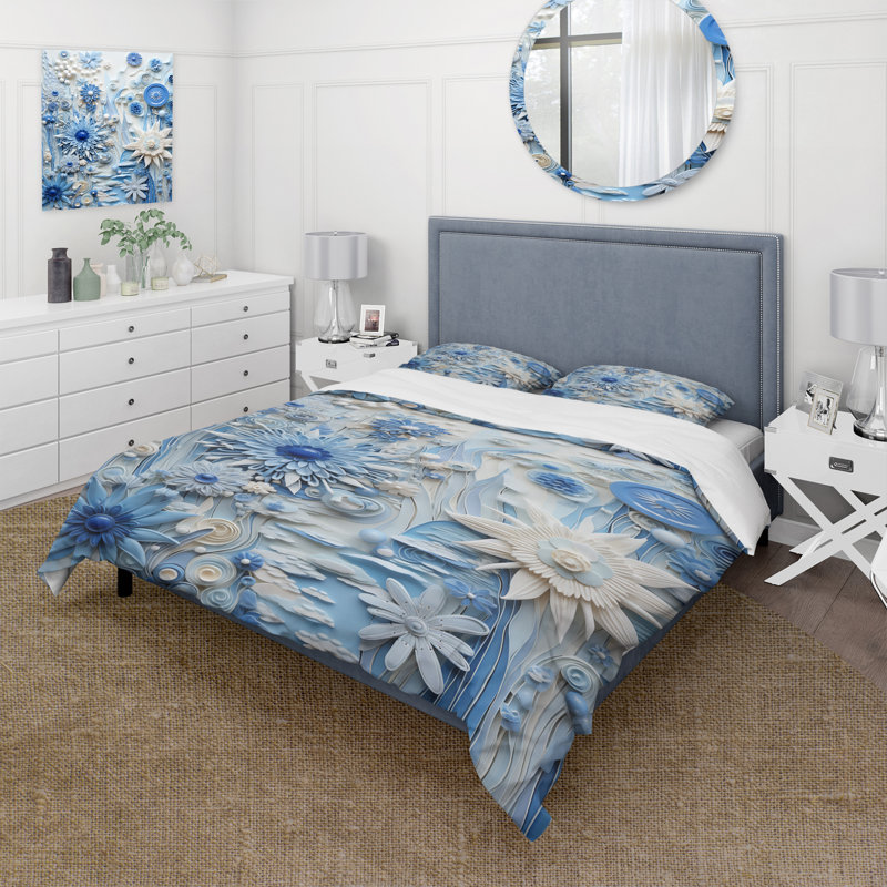 Ensemble de housse de couette Blue and White Botanical Tiles IV - Abstract Botanicals, Housse de couette pour grand lit