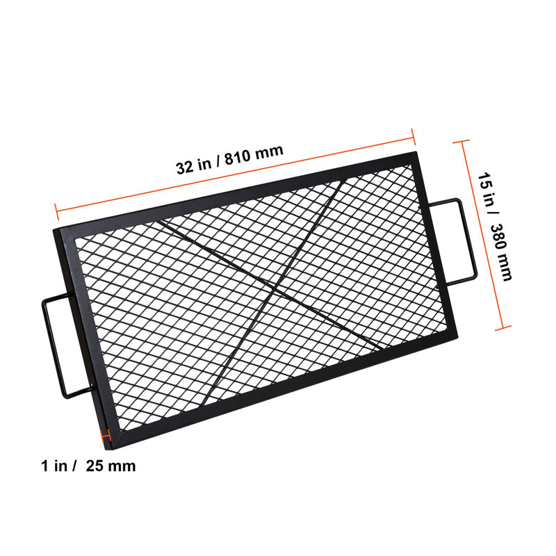 Grille rectangulaire pour foyer d'extérieur, acier noir de 32 pouces avec poignée, idéale pour les réunions de famille, matériau, transfert de chaleur efficace, peut cuire différents types d'aliments, maille haute densité idéale