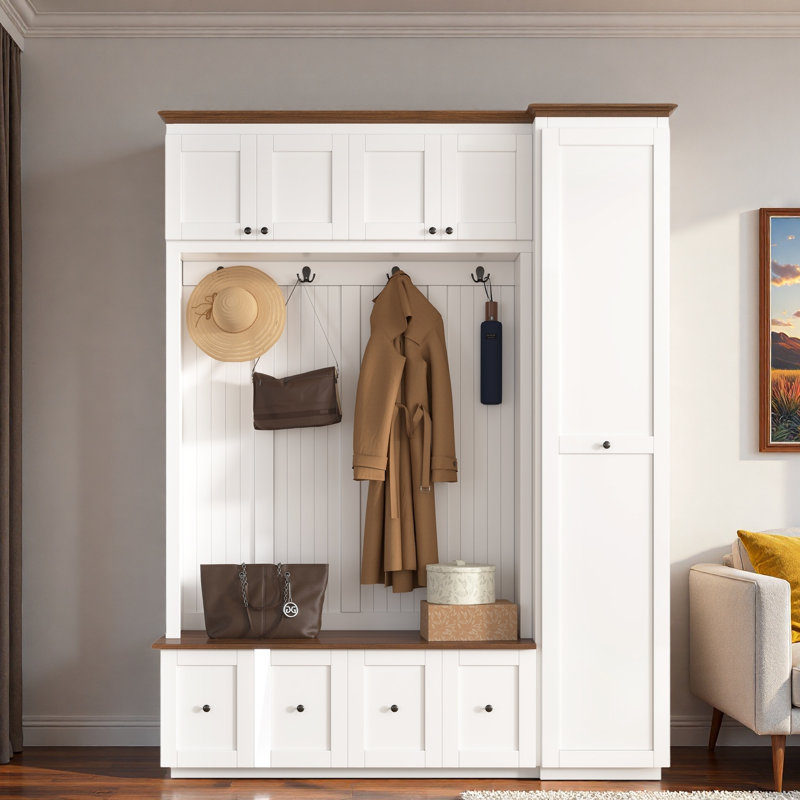 5-in-1 Hall Tree With Bench, Coat Rack, Drawers, Cabinets And Extra-large Side Storage Space, White