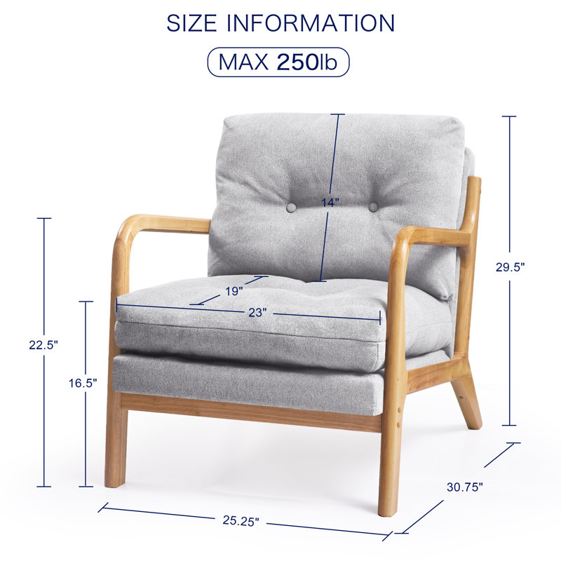 Fauteuil d'appoint avec coussin confortable comme un nuage et accoudoirs en bois, 100 % lin gris clair