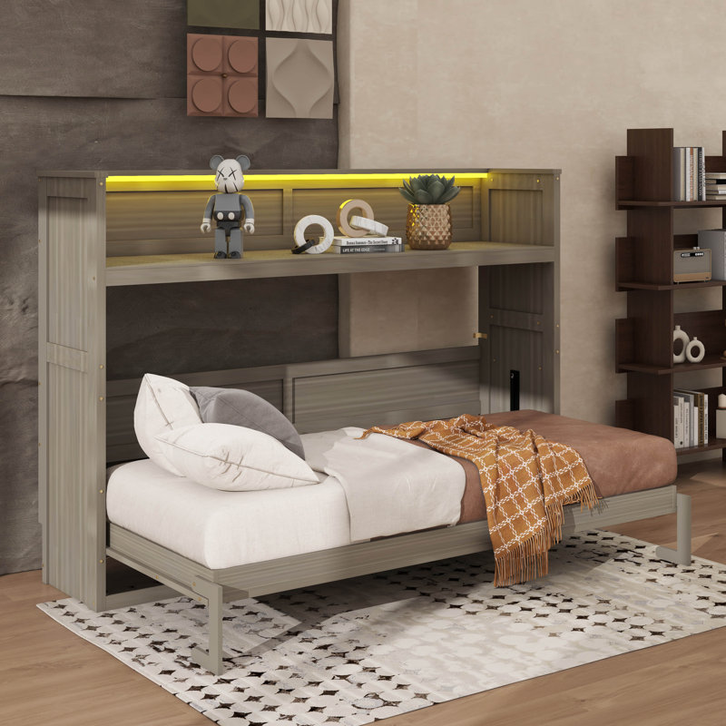 Lit escamotable simple TG avec bureau intégré, éclairage à DEL et port de charge USB