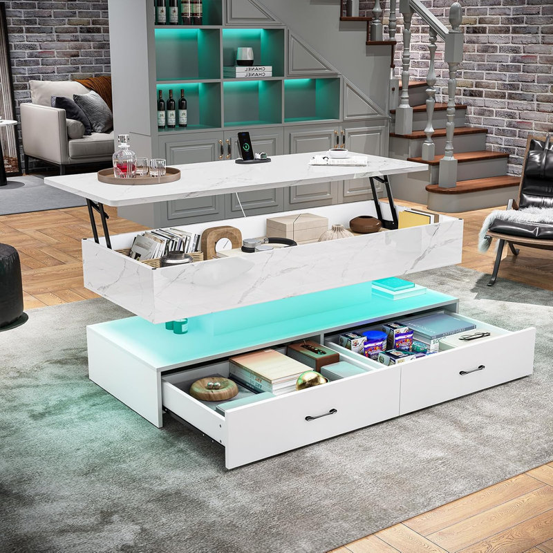 47.2" Lift Top Coffee Table, Coffee Tables with Storage for Living Room, White, Marble