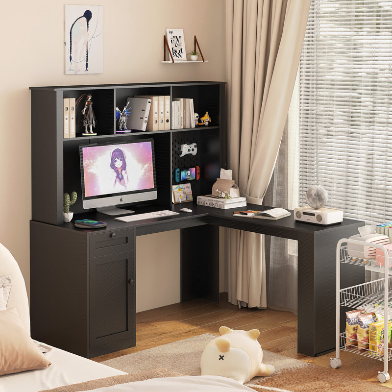 Bureau d'ordinateur en L avec huche et armoire 59,44 "Binta, Noir, Retour à droite
