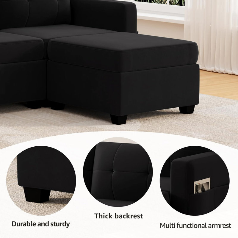 Canapé modulaire 6 pièces Jaidelyn, Velours noir