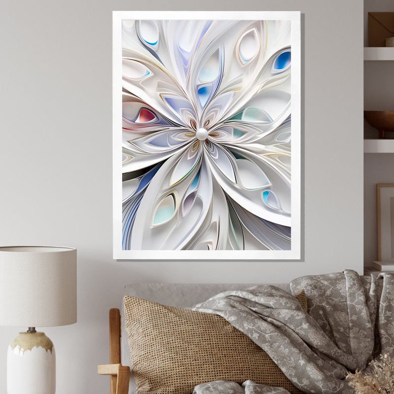 «White Cosmic Flowers - Fractals», reproduction d'art sur toile, H 20 po x l 12 po x P 1 po, Cadre simple blanc