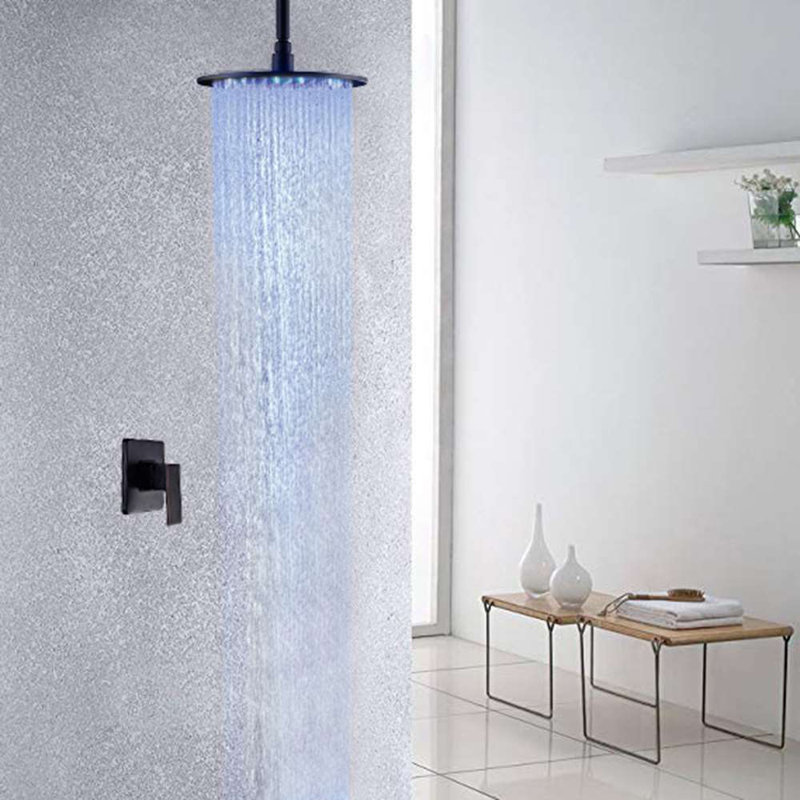 Ensemble de douche rond noir mat à DEL avec robinet mélangeur en laiton