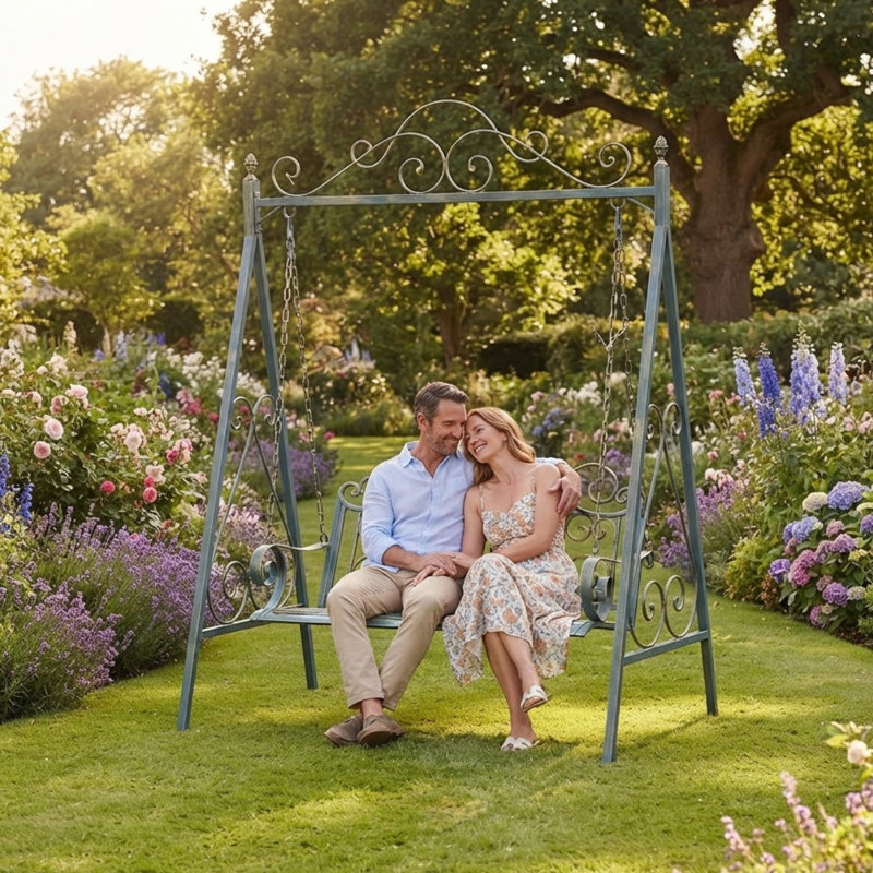 Durable Metal Garden Swing Bench – Sturdy and Comfortable Swing Chair for Backyard, Patio, or Outdoor Leisure, Blue/Gold