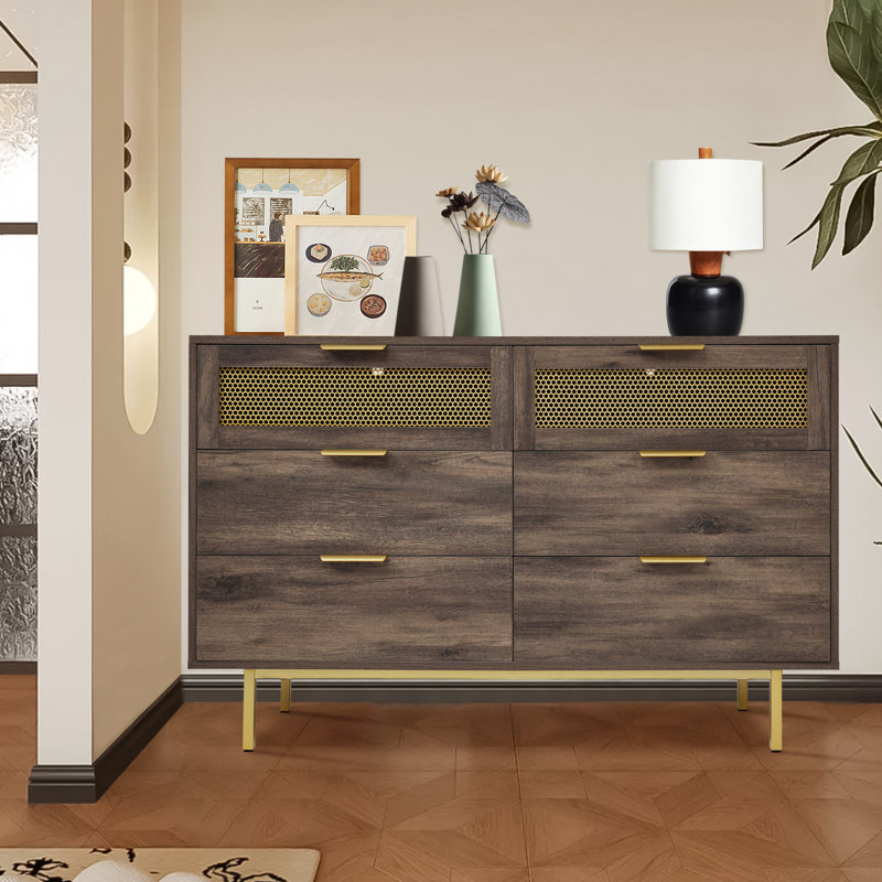6 - Drawer Rectangle Accent Chest, Brushed Gold, Gold