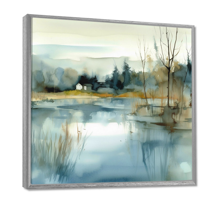 Summer Lake Landscape Illustration V - Print, 16" H x 16" W, Silver Floater Framed