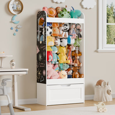 51.5"H Kids Toy Storage, Stuffed Animal Storage with Easel, Toy Organizer Cabinet with 2 DIY Blackboards & Movable Drawer for Kids Room, Playroom, Nur