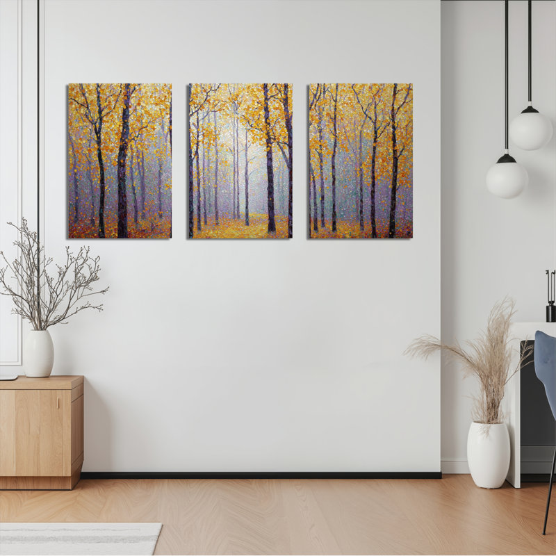 Ensemble de 3 tableaux sur toile représentant des arbres de la forêt d'automne, H 18 po x l 36 po
