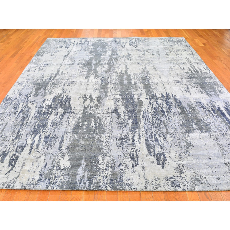 Tapis unique en laine noué à la main ivoire / gris clair de 9 pi x 12 pi Franzsepp