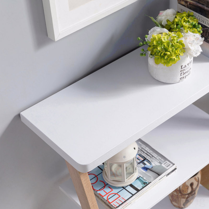 Console contemporaine blanche et brun clair avec trois tablettes ouvertes